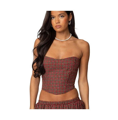 Edikted Womens Marlene Plaid Lace Up Corset