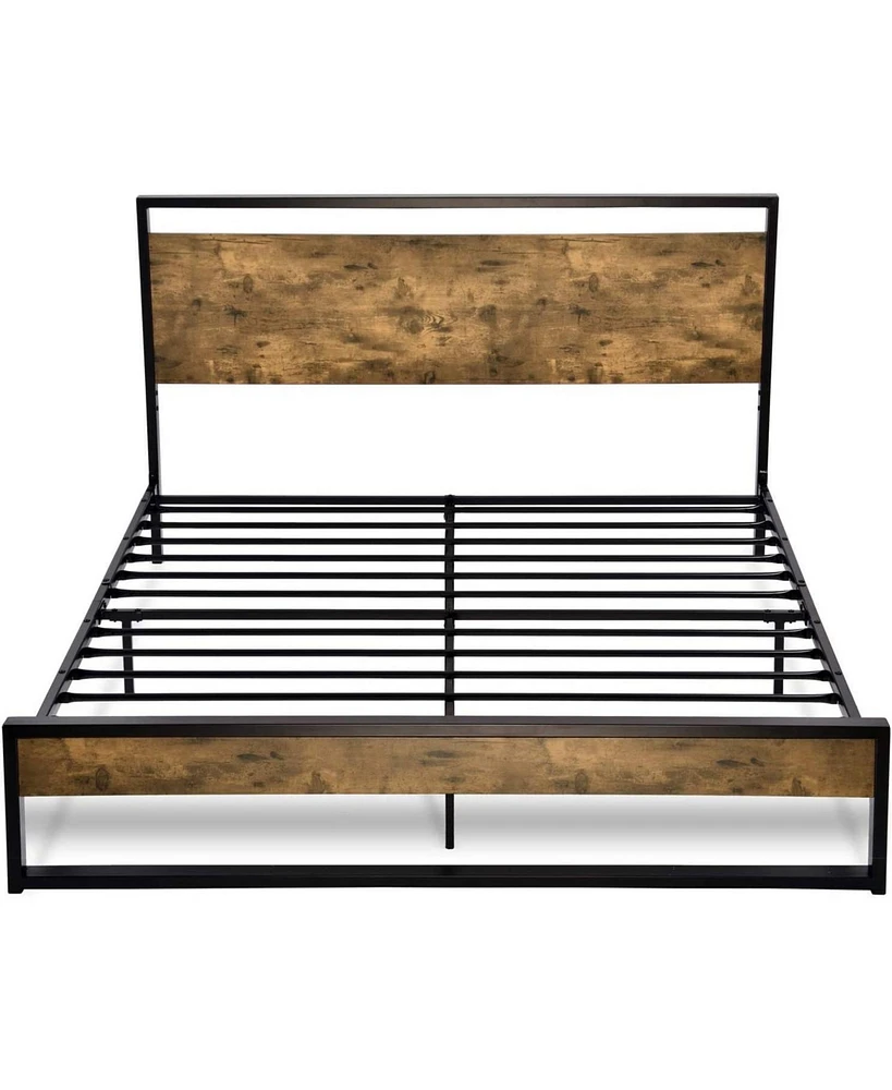 Slickblue Metal Wood Platform Bed Frame with Industrial Headboard