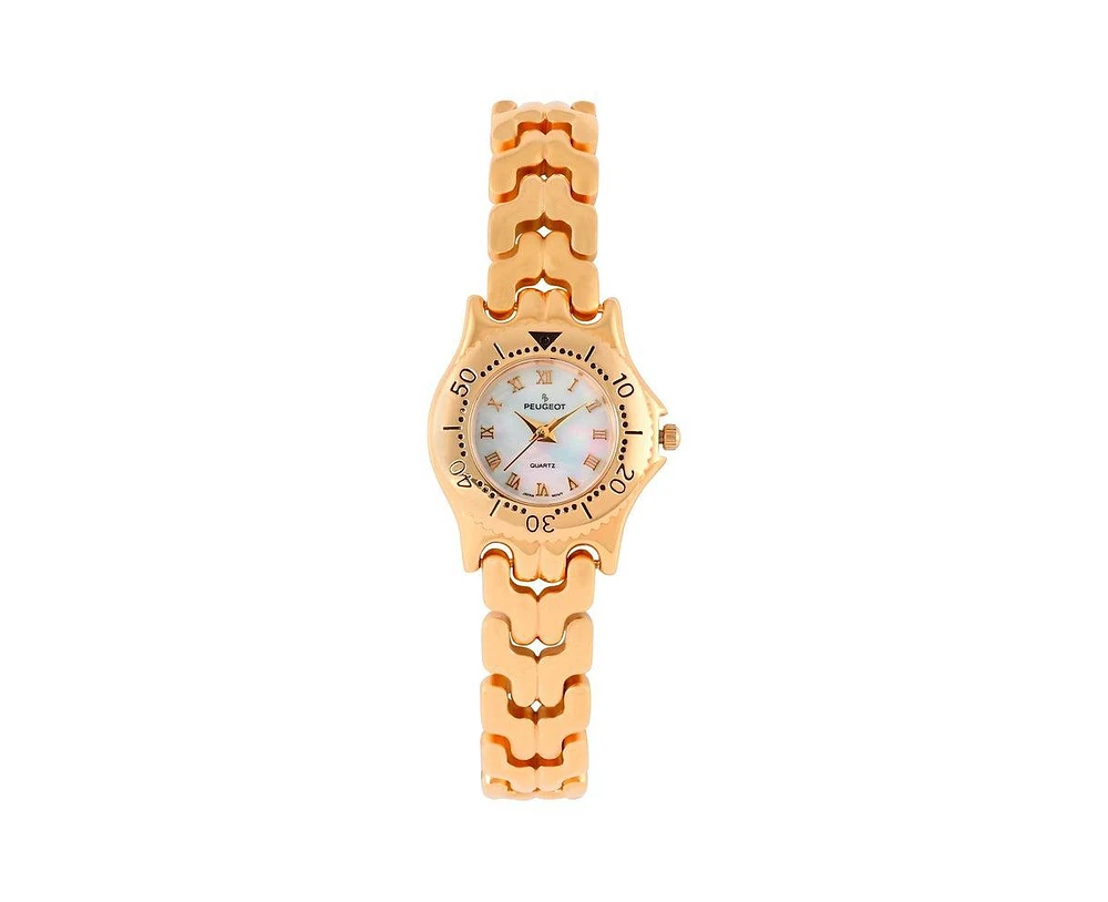 Peugeot Womens Round 25mm 14K Gold Plated Wrist Watch- Mother of Pearl Dial