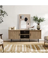 LuxenHome Mid-Century Modern 2-Door 55.1-Inch Wide Tv Console with Slatted Slidng Doors