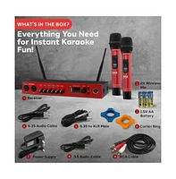 Pyle Uhf Wireless Microphone System with Bluetooth - Dual Channel, 2 Handheld Mics, Portable Mixer, Red