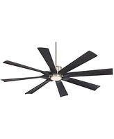 Possini Euro Design 60" Defender Modern Industrial Indoor Outdoor Ceiling Fan 8 Blade Led Light Remote Control Brushed Nickel Motor Black Oak Finish B