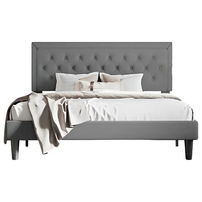Slickblue Linen Upholstered Platform Bed with Button-Tufted Headboard