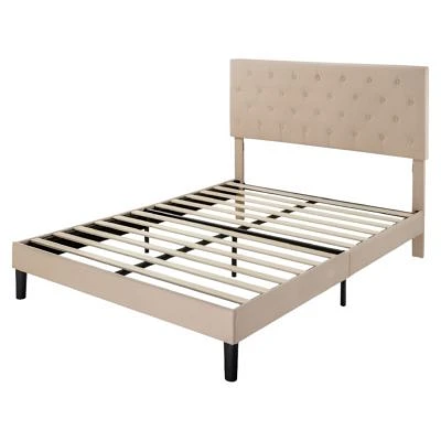 Slickblue Linen Upholstered Platform Bed with Button-Tufted Headboard
