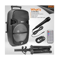 Pyle 15" Portable Wireless Bt Speaker System with Usb/Sd Card Reader, Fm/Aux/Mic Inputs, Led Lights, Wheel & Tripod