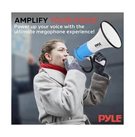 Pyle 50-Watt Portable Megaphone with Siren, MP3 Input, Adjustable Volume, Shoulder Strap, Lightweight White Bullhorn