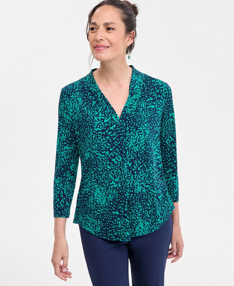 Jm Collection Women's Printed 3/4 Sleeve V-Neck Knit Top, Created for Macy's