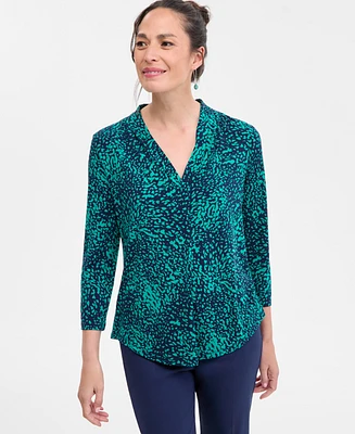 Jm Collection Women's Printed 3/4 Sleeve V-Neck Knit Top, Created for Macy's