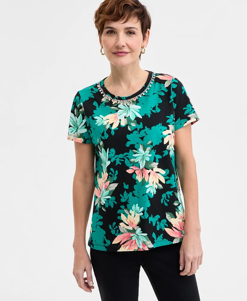 Jm Collection Women's Printed Embellished-Neck T-Shirt, Exclusively at Macy's