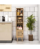 Gouun 54 Inch Slim Storage Cabinet with Adjustable Shelf, Rattan Door, Freestanding Corner Cabinet with Open Cubbies