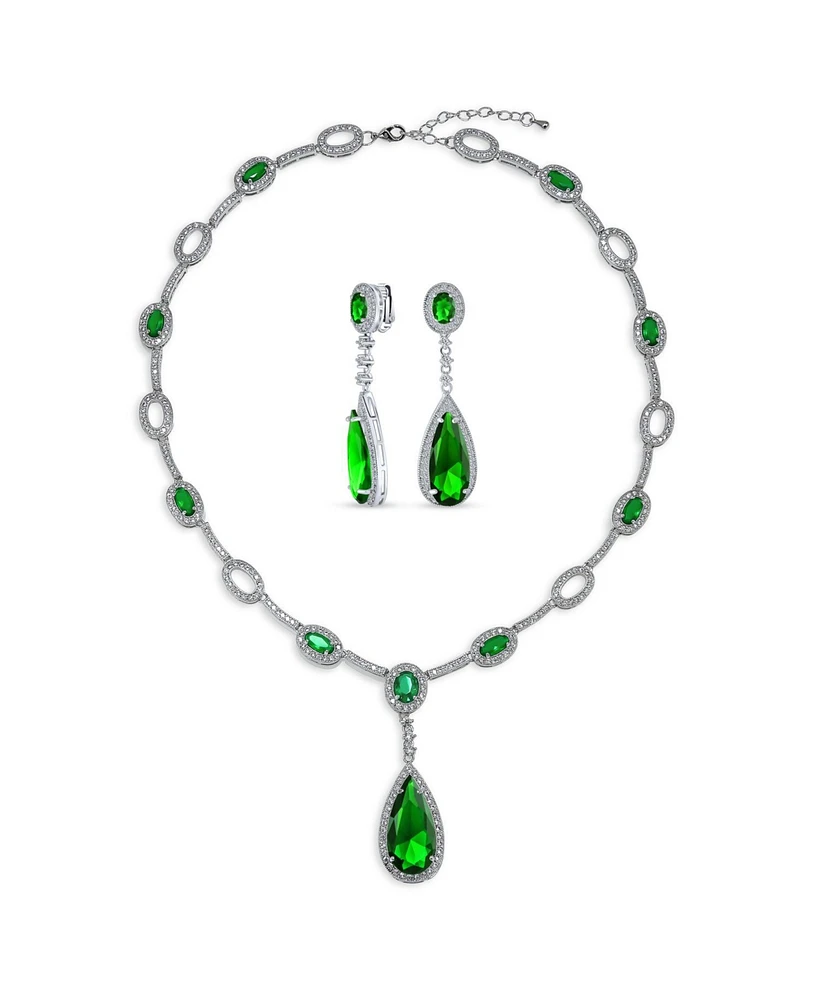 Bling Jewelry Fashion Solitaire Teardrop Halo Cz Cubic Zirconia Statement Y Necklace Matching Dangle Clip On Earrings Jewelry Set Rhodium Plated