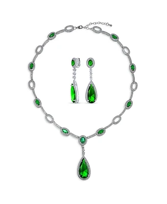 Bling Jewelry Fashion Solitaire Teardrop Halo Cz Cubic Zirconia Statement Y Necklace Matching Dangle Clip On Earrings Jewelry Set Rhodium Plated