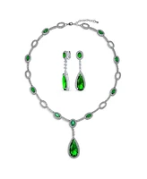 Bling Jewelry Fashion Solitaire Teardrop Halo Cz Cubic Zirconia Statement Y Necklace Matching Dangle Clip On Earrings Jewelry Set Rhodium Plated