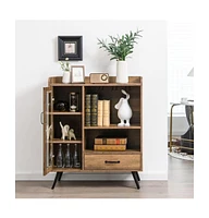 Slickblue Mid-Century Modern Sideboard Wood Buffet Cabinet with Wine Rack and Glass Storage