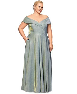 Xscape Plus Draped Off-The-Shoulder Metallic Gown