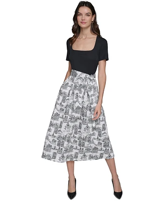 Karl Lagerfeld Paris Women's Mixed-Media Short-Sleeve Midi Dress