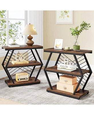 Tribesigns End Table Set of 2, Industrial Side Table with 3 Storage Shelves, Wood Sofa Side Table with Geometric Metal Frame, Bedside Table for Living