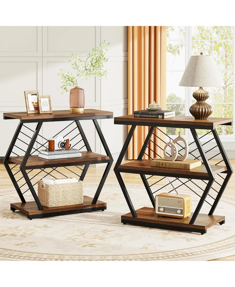 Tribesigns End Table Set of 2, Industrial Side with 3 Storage Shelves, Wood Sofa Geometric Metal Frame, Bedside for Living