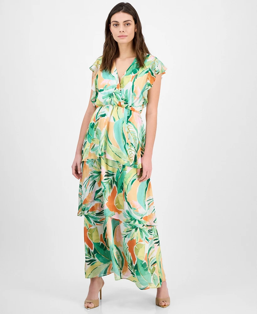 julia jordan Women's Printed Flutter-Sleeve Maxi Dress