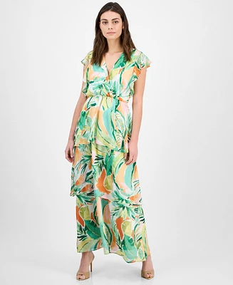 julia jordan Women's Printed Flutter-Sleeve Maxi Dress