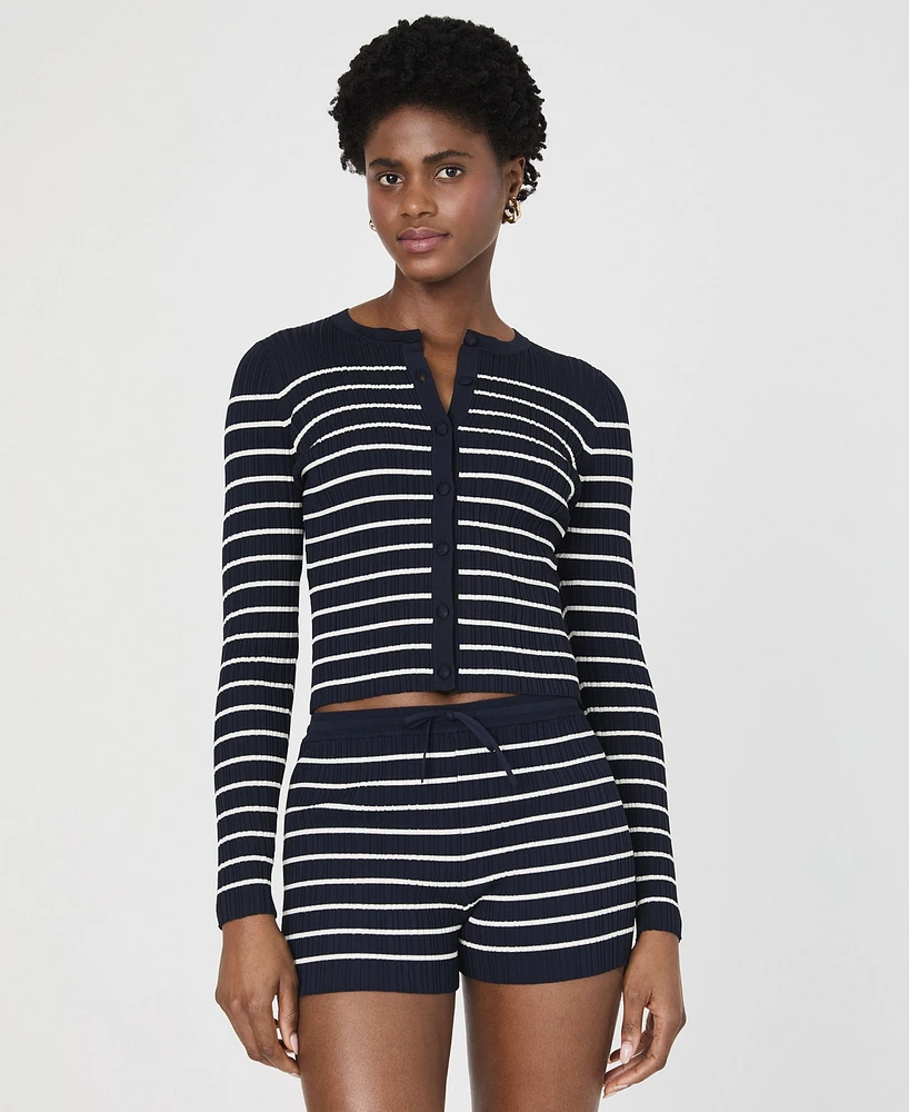 French Connection Women's Striped Crinkle-Knit Slim-Fit Cardigan