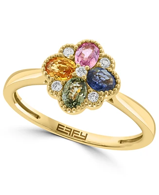 Effy Multi-Sapphire (7/8 ct. t.w.) & Diamond (1/20 ct. t.w.) Flower Ring in 14k Gold