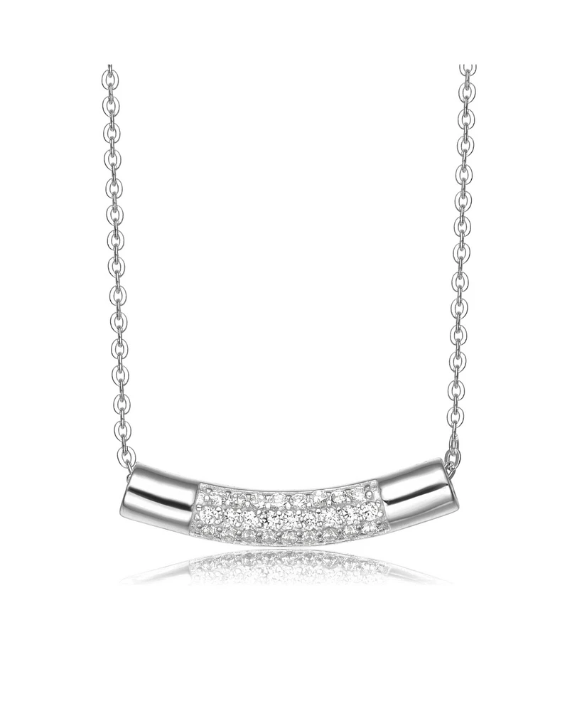 Genevive Sterling Silver White Gold Plated with Clear Round Cubic Zirconia Curve Line Pendant