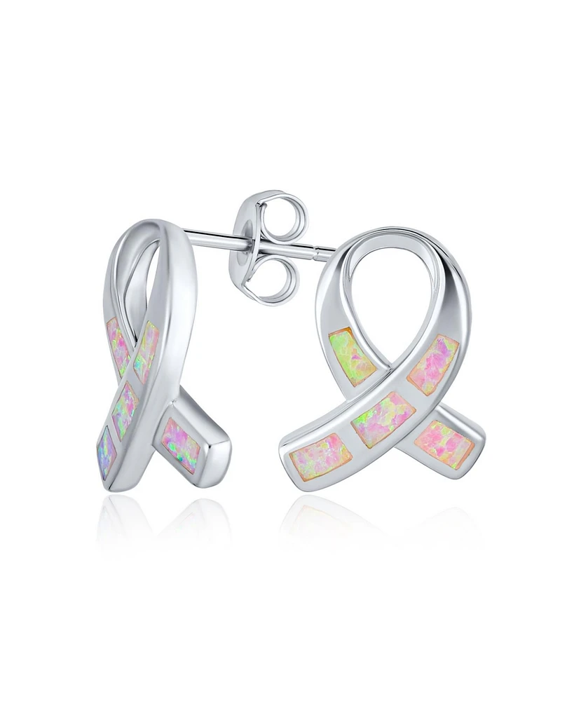 Bling Jewelry Pink Synthetic Opal Ribbon Breast Cancer Awareness Stud Earrings Sterling Silver 8MM