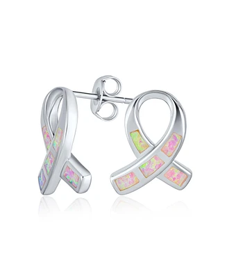 Bling Jewelry Pink Synthetic Opal Ribbon Breast Cancer Awareness Stud Earrings Sterling Silver 8MM