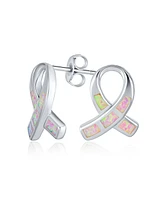 Bling Jewelry Pink Synthetic Opal Ribbon Breast Cancer Awareness Stud Earrings Sterling Silver 8MM