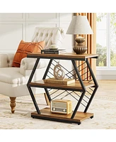 Tribesigns End Table, Industrial Side Table with 3 Storage Shelves, Wood Sofa Geometric Metal Frame, Bedside for Living Room, Be