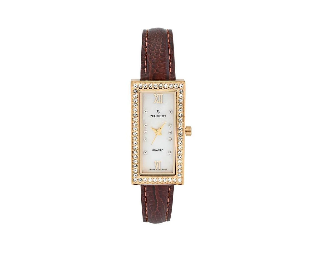 Women's 35x20mm Crystal Bezel Watch with Glossy Brown Leather Strap