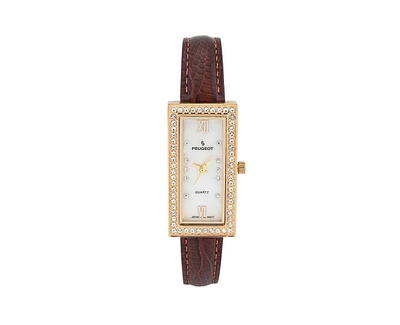Women's 35x20mm Crystal Bezel Watch with Glossy Brown Leather Strap