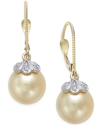 Cultured Golden South Sea Pearl (10mm) and Diamond Accent Earrings in 14k Gold