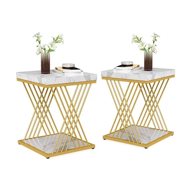 Tribesigns Set of 2 Square End Table, White Gold 2-Tier Side Table, Modern Small Bedside Table with Storage for Couch, Sofa Side Table with Stylish Me