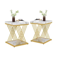 Tribesigns Set of 2 Square End Table, White Gold 2-Tier Side Table, Modern Small Bedside Table with Storage for Couch, Sofa Side Table with Stylish Me