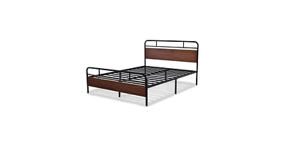 Slickblue Industrial Metal and Wood Platform Bed Frame with Headboard and Footboard for Modern Bedrooms