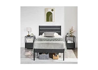 Slickblue Industrial Platform Bed Frame with Wood Slatted Headboard for Modern Bedroom Decor
