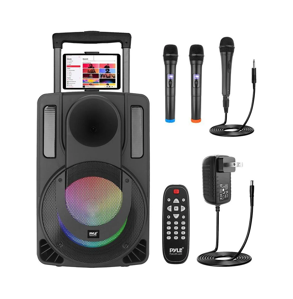 Pyle 15" Bluetooth Portable Pa Speaker with Rechargeable Battery, Two Wireless Microphones, Wired Microphone, Tablet Stand, Flashing Party Lights, Usb