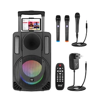 Pyle 15" Bluetooth Portable Pa Speaker with Rechargeable Battery, Two Wireless Microphones, Wired Microphone, Tablet Stand, Flashing Party Lights, Usb