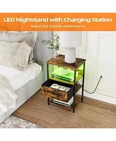 gaomon Modern 3-Tier Nightstand Set with Charging Station, Led Lights, Drawer, and Shelf for Bedroom or Living Room