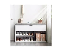 gaomon Shoe Storage Bench with Cushion, Entryway Bench with Lift-Top Storage Box and 2 Tiers Open Shoe Rack, Wooden Shoe Bench for Entryway