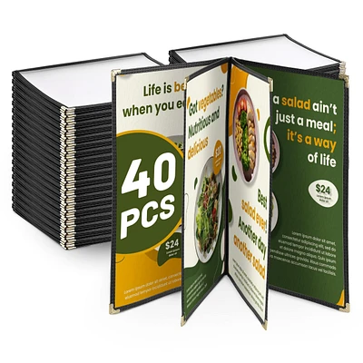 WeChef 40 Pack Menu Covers 8.5"x14" 8 Views Book Style Cafe Restaurant Black