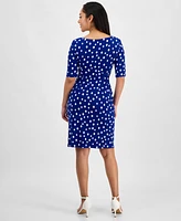 Connected Petite Printed Short-Sleeve Faux-Wrap Sheath Dress