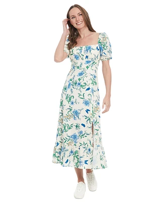 London Times Women's Floral-Print Puff-Sleeve Midi Dress