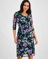 Connected Petite Printed Mesh 3/4-Sleeve Sheath Dress