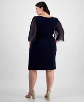 Connected Plus Sheer-Sleeve Chain-Detail Sheath Dress