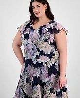 Connected Plus Printed Ruffled Flutter-Sleeve Midi Dress