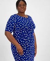 Connected Plus Printed Short-Sleeve Faux-Wrap Sheath Dress