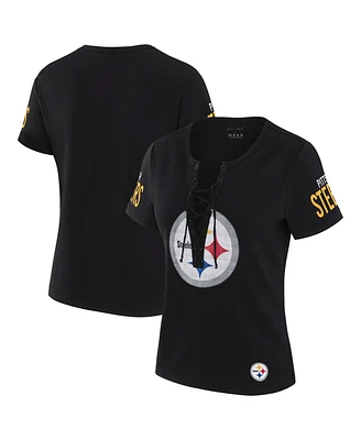 Wear by Erin Andrews x Gracie Hunt Women's Black Pittsburgh Steelers Draft Me Lace-Up T-Shirt